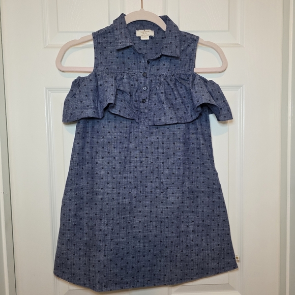 Kate Spade Girls Chambray Ruffle Dress Girl 10 Blue Polka Dot Sleeveless - Picture 1 of 9